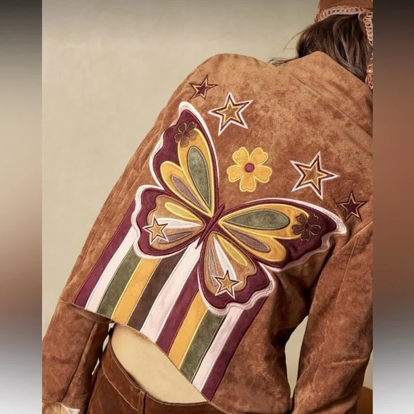 Brown vintage embroidered butterfly floral color block coat jacket tunic top - Picture 3 of 6